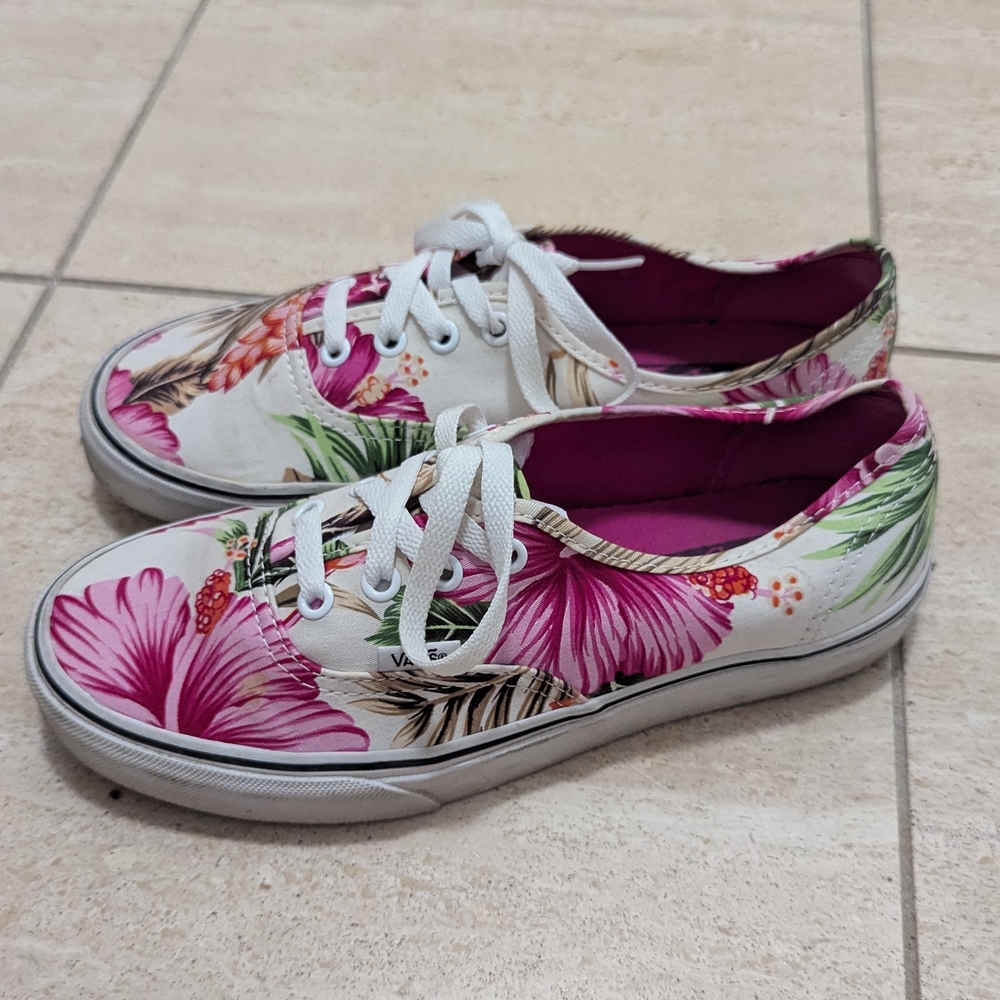 Vans White and Pink Floral Sneakers